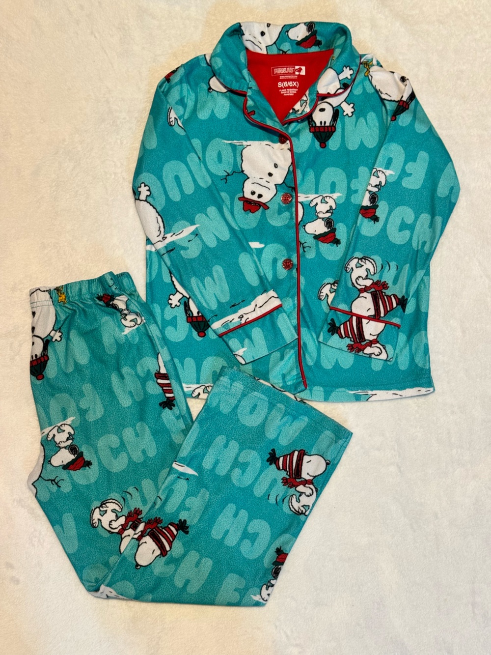 Peanuts Kids Teal Snoopy Fleece Pajama Set with Red Trim